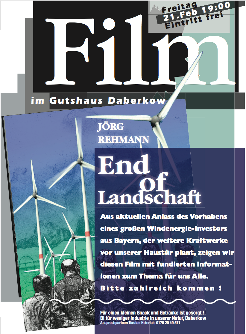 Daberkow: BI „Für weniger Industrie in unserer Natur“ zeigt kritischen Film zur Windenergieindustrie